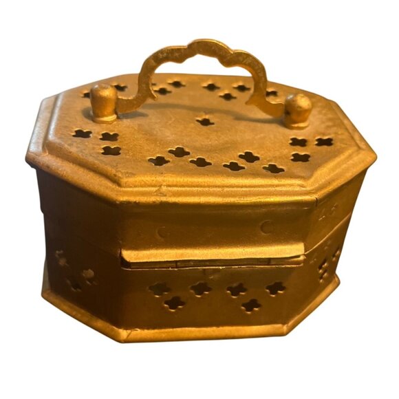 Vtg Brass Octagonal Cricket Trinket Incense Footed Box India - Picture 3 of 6